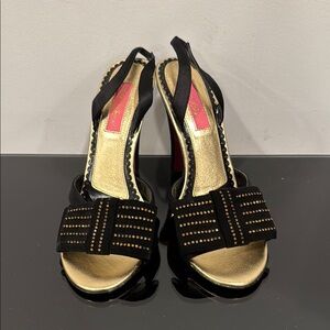 Betsey Johnson Black and Gold Peep-Toe Heels